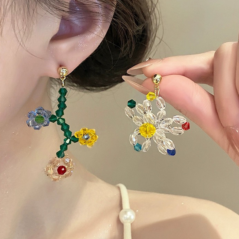 小清新甜美串珠不对称花朵耳钉女法式田园风温柔可爱灵动俏皮耳环|undefined