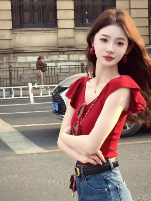 红色V领短袖针织衫正肩女夏季修身显瘦纯欲辣妹小飞袖短款上衣|undefined