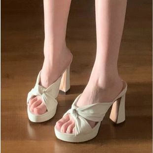Sandals and Slippers Women's Platform Thick Heel Cross Strap Sheepskin Slippers 2025 Summer Heel Slimming High Heel Open Toe Slippers