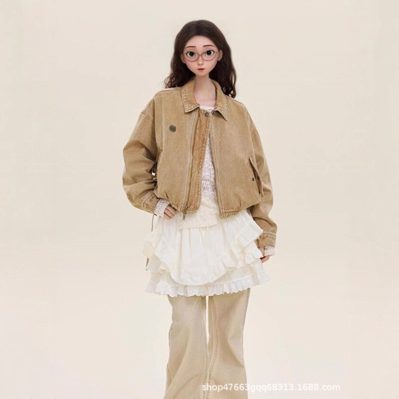 Unique and Beautiful Miu Series Knitted Territory Yellow Denim Jacket for Women 2025 Autum Sweet Versatile Jacket Cardigan