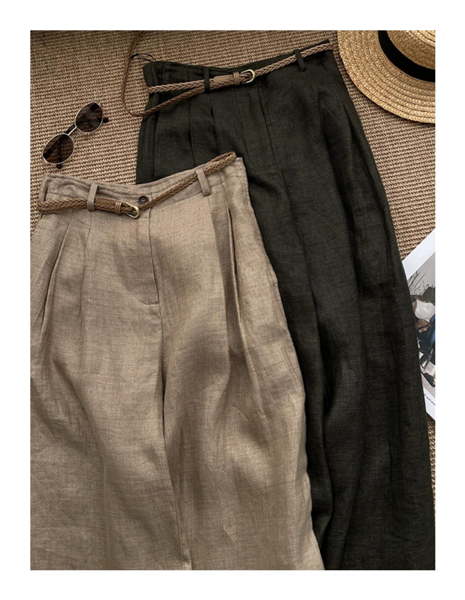 High Waisted Slimming Khaki Linen Wide Leg Pants For Women Trendy Relaxed Straight Leg Casual Trousers_ecoleips.com