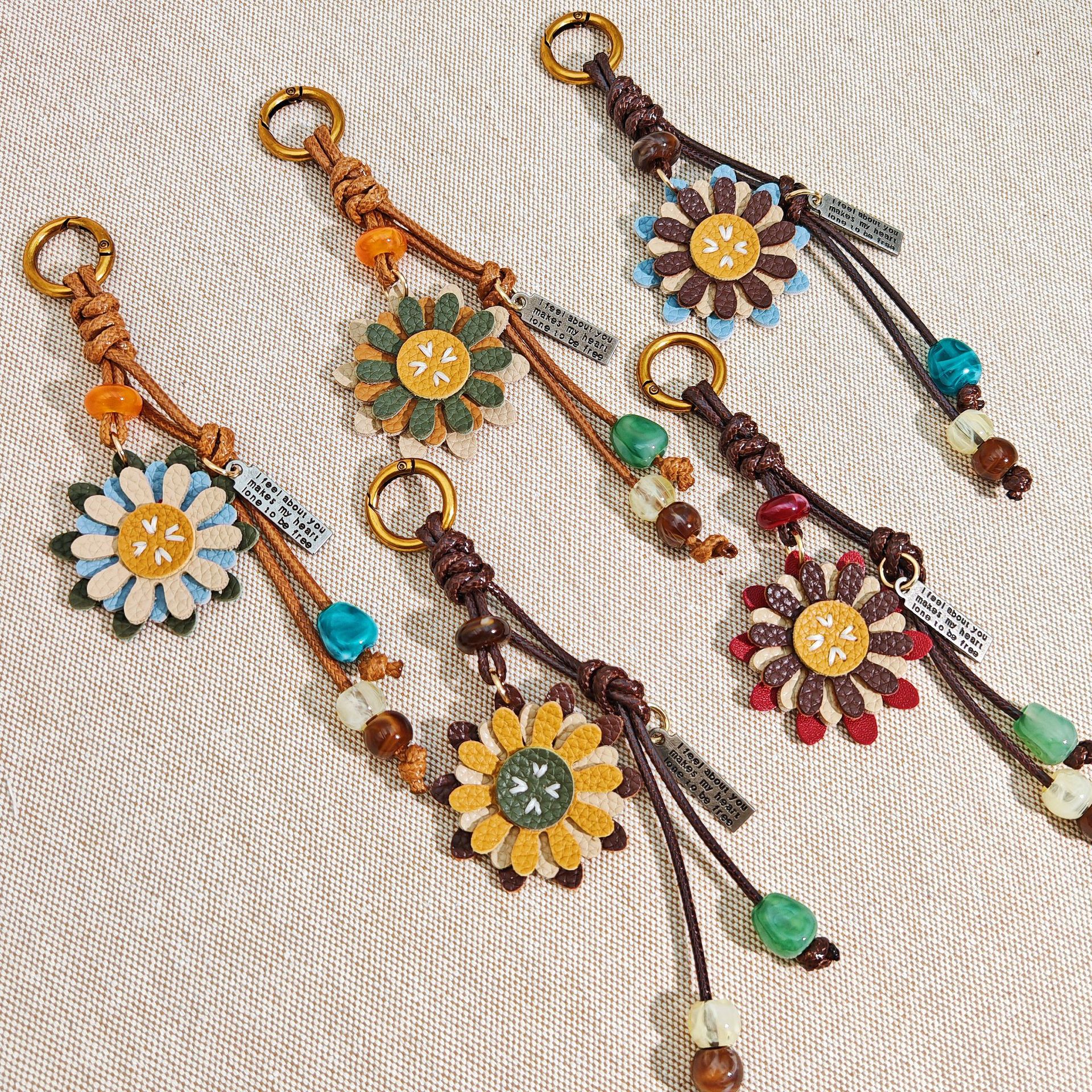 Original Retro Leather Flower Daisy Bag Hanging Retro Braided Rope Beaded Pendant Mobile Phone Chain Pendant Factory Direct Sale