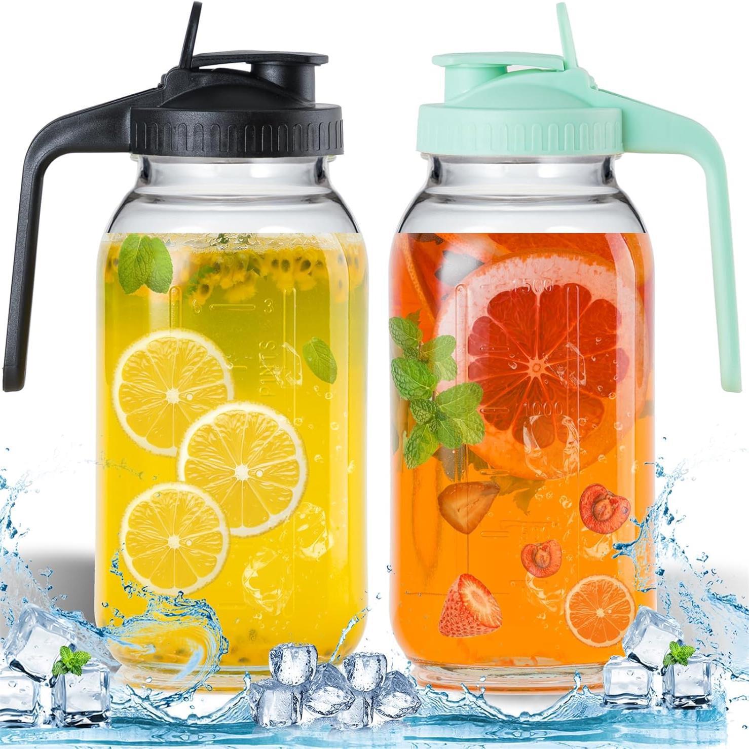 Amazon 64oz Mason fría botella de agua fría botella de bebida 32oz con escala botella de bebida de vidrio conjunto de filtro de café