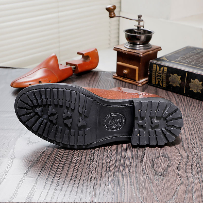 Men's thick soled cowhide leather shoes high-top slip-on ankle boots round head leather breathable_voghion.com