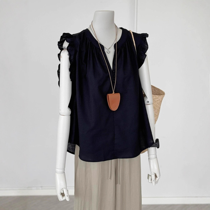Chao-Level No D Recommendation! Black Faux Linen Ruffled Small Flutter Sleeve V-Neck Slimming Design Babydoll Top Chao-Level No D Recommendation! Black Faux Linen Ruffled Small Flutter Sleeve V-Neck Slimming Design Babydoll Top