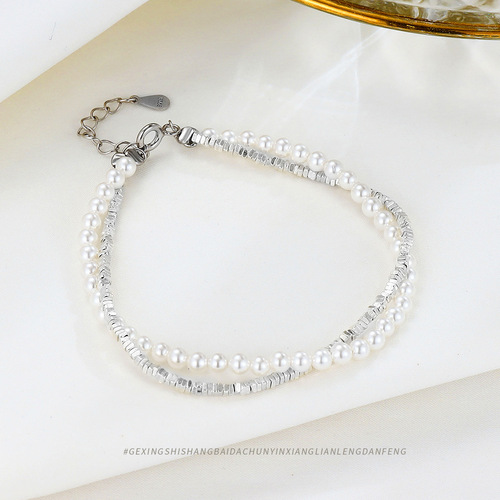 s925 sterling silver pearl square broken silver double-layer bracelet light luxury high-end temperament jewelry broken silver jewelry
