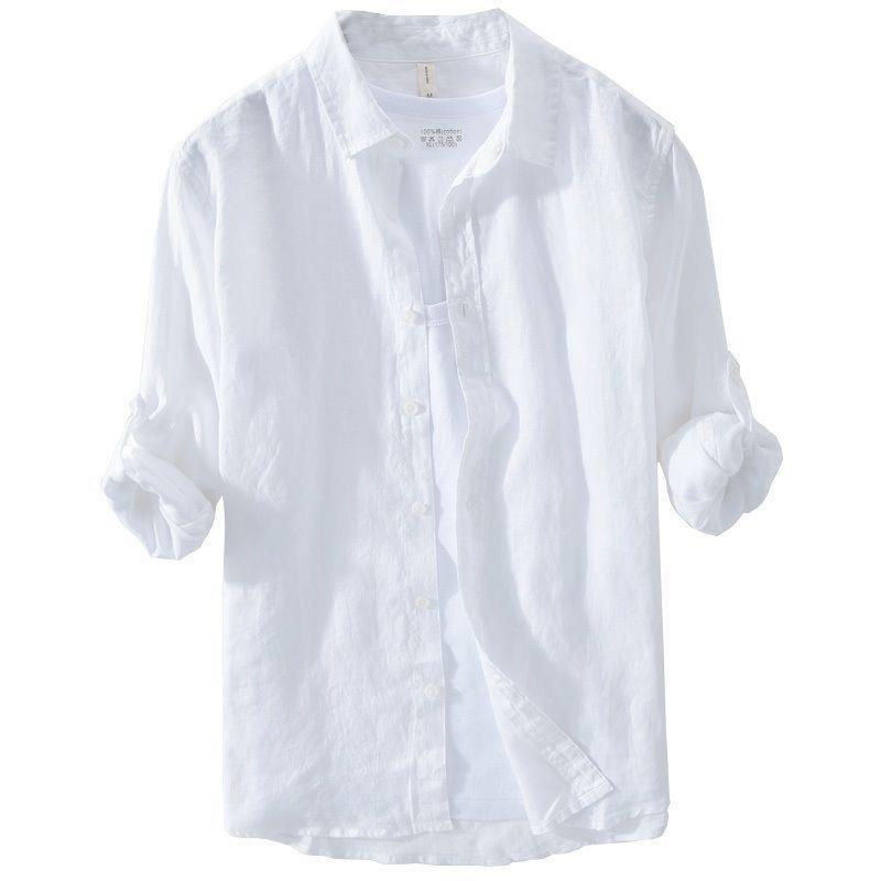 Camisa de lino de manga larga blanca transpirable en la playa Camisa de lino de algodón y lino delgada delgada informal para hombre