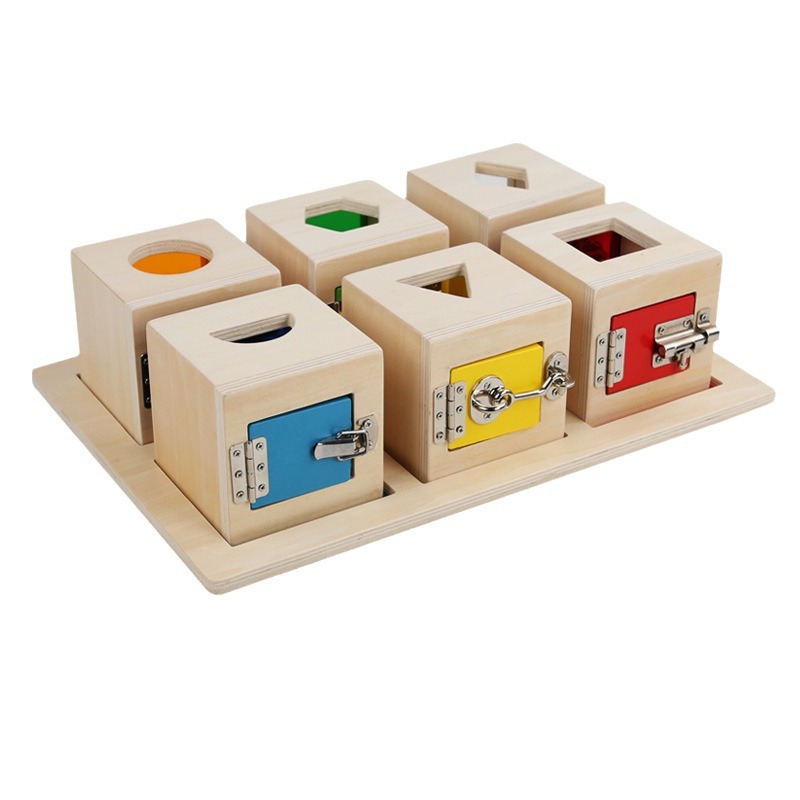 Educación temprana Montessori caja de bloqueo multifunción de seis rejillas forma de color a juego clave educativa desbloqueo caja ocupada juguete