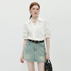 2025秋季新款斜边袖子法式短袖衬衫女职业上班简约百搭通勤白衬衣