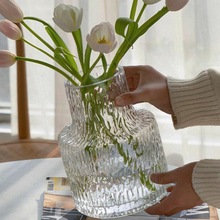 花瓶 轻奢纹玻璃风花瓶客厅摆件干花插花水养水培透明花器跨境