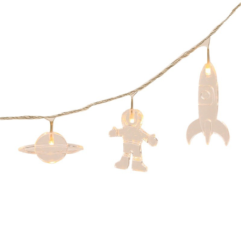 Spaceman dibujos animados astronauta planeta cohete universo habitación de los niños luces decorativas diseño de fondo de habitación pequeña cadena de luz de color
