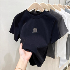 2025新型正肩綿磨毛半袖tシャツ女性ファッション百合黒上着底シャツ春夏秋