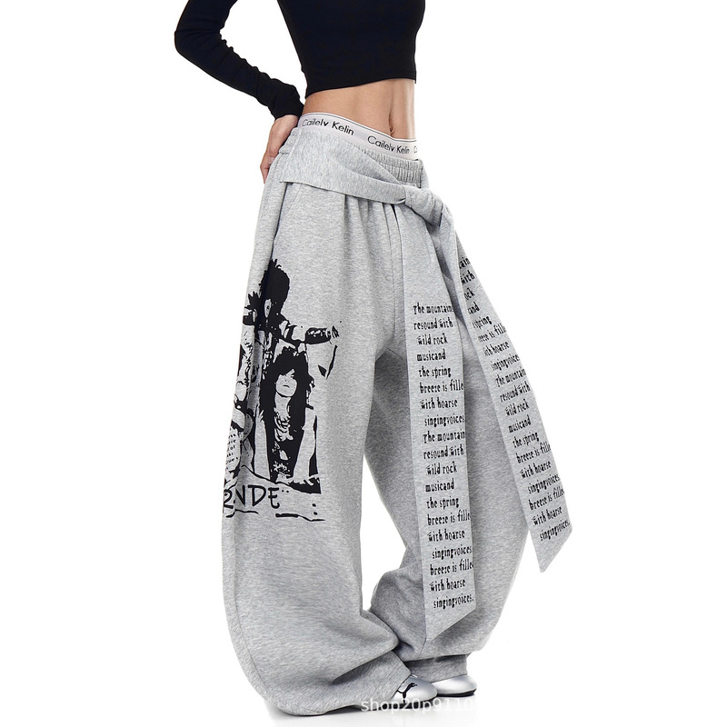Cross-Border Fashion 2025 Autumn Amazon New Pattern Letter Ribbon Sweatpants for Women Hip-Hop Hot Girl Dance Essentials Cross-Border Fashion 2025 Autumn Amazon New Pattern Letter Ribbon Sweatpants for Women Hip-Hop Hot Girl Dance Essentials