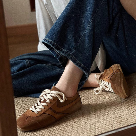 Soft Leather Soft Bottom Vintage German Training Shoes Women's Genuine Leather Lace-Up Flat Casual Sneakers for Autumn and Winter 2024 New Forrest Gump Shoes