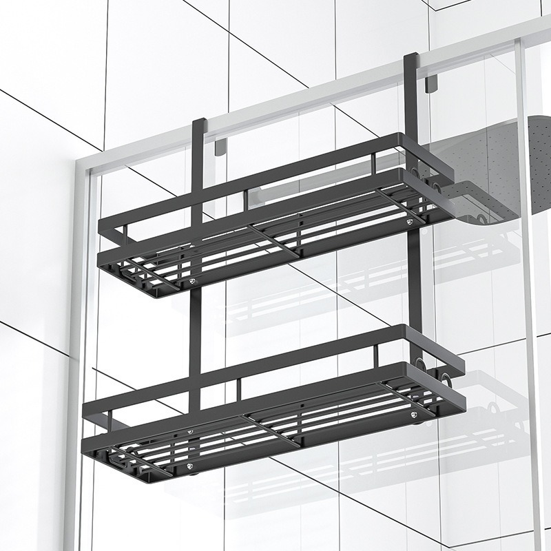 Estante de almacenamiento de baño sin perforación puerta de almacenamiento colgante de pared trasera tipo cesta colgante de doble capa percha de artículos de higiene del baño