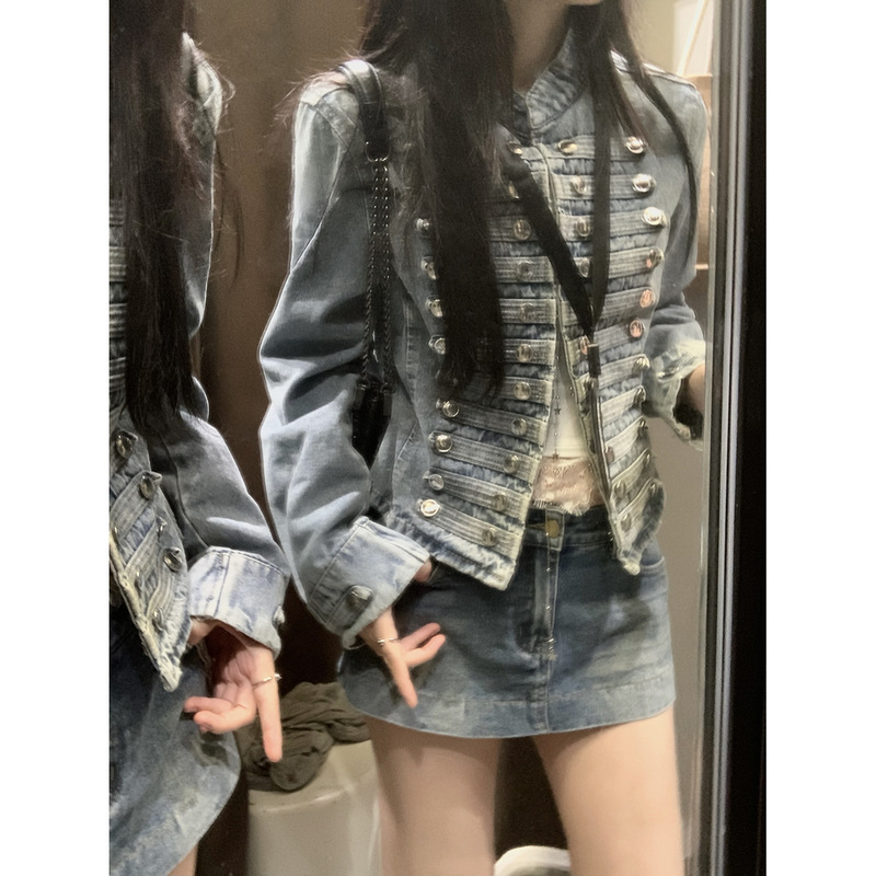 2026 Autumn Napoleon Retro Washed Straight Shoulder Denim Jacket Women's Fashion Long Sleeve Slim Fit Jacket Top New Style 2026 Autumn Napoleon Retro Washed Straight Shoulder Denim Jacket Women's Fashion Long Sleeve Slim Fit Jacket Top New Style