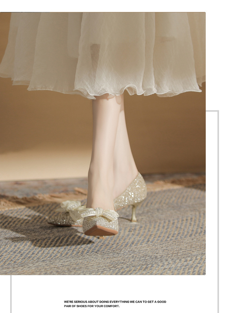 Giày cao gót mũi nhọn miệng nông đính sequin kiểu Pháp — Màu Sâm panh chi tiết 12