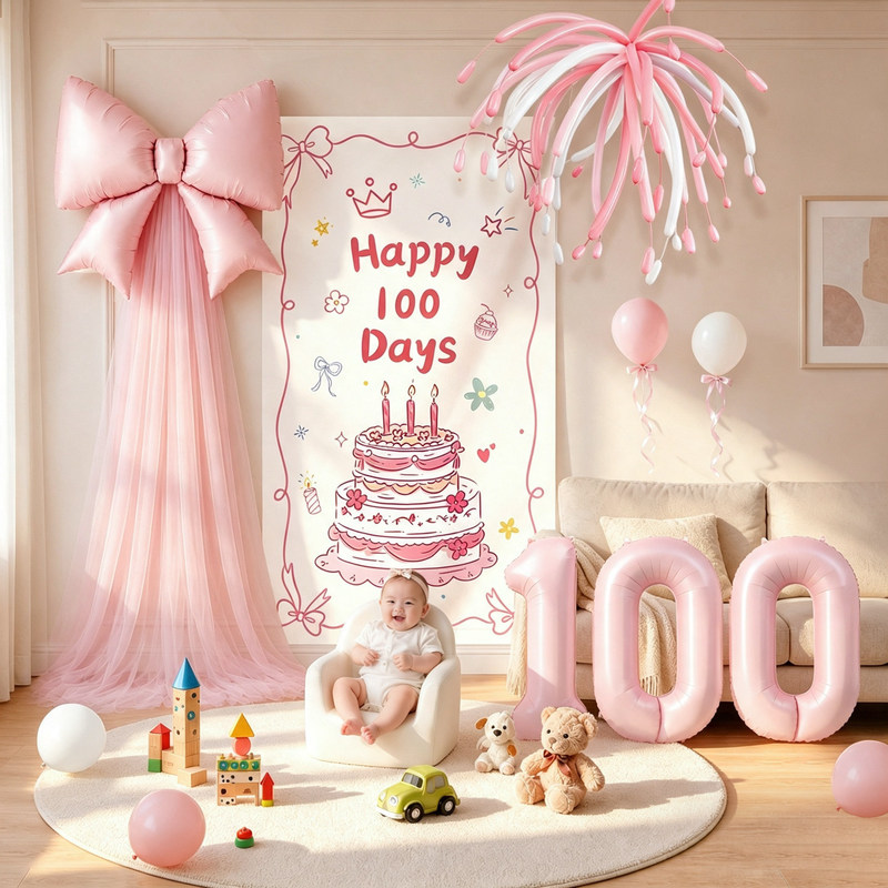 100-day celebration decoration scene, 100-day banquet background, ceremonial atmosphere, baby home photo props, balloons 100-day celebration decoration scene, 100-day banquet background, ceremonial atmosphere, baby home photo props, balloons