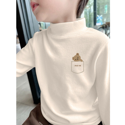 Y2556# Children's Fleece Half-Neck Base Layer Shirt Autumn/Winter Boys' Long-Sleeved T-Shirt for Older Kids and Teens, Fleece-Lined Warm Top t
