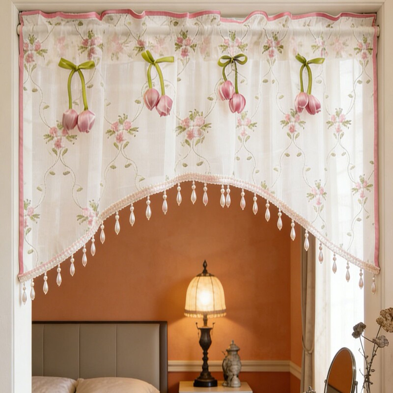 1Pc New Style Gauze Edge Beaded Short Curtain for Living Room and Bedroom Decoration, Light-Filtering but Not See-Through 1Pc New Style Gauze Edge Beaded Short Curtain for Living Room and Bedroom Decoration, Light-Filtering but Not See-Through