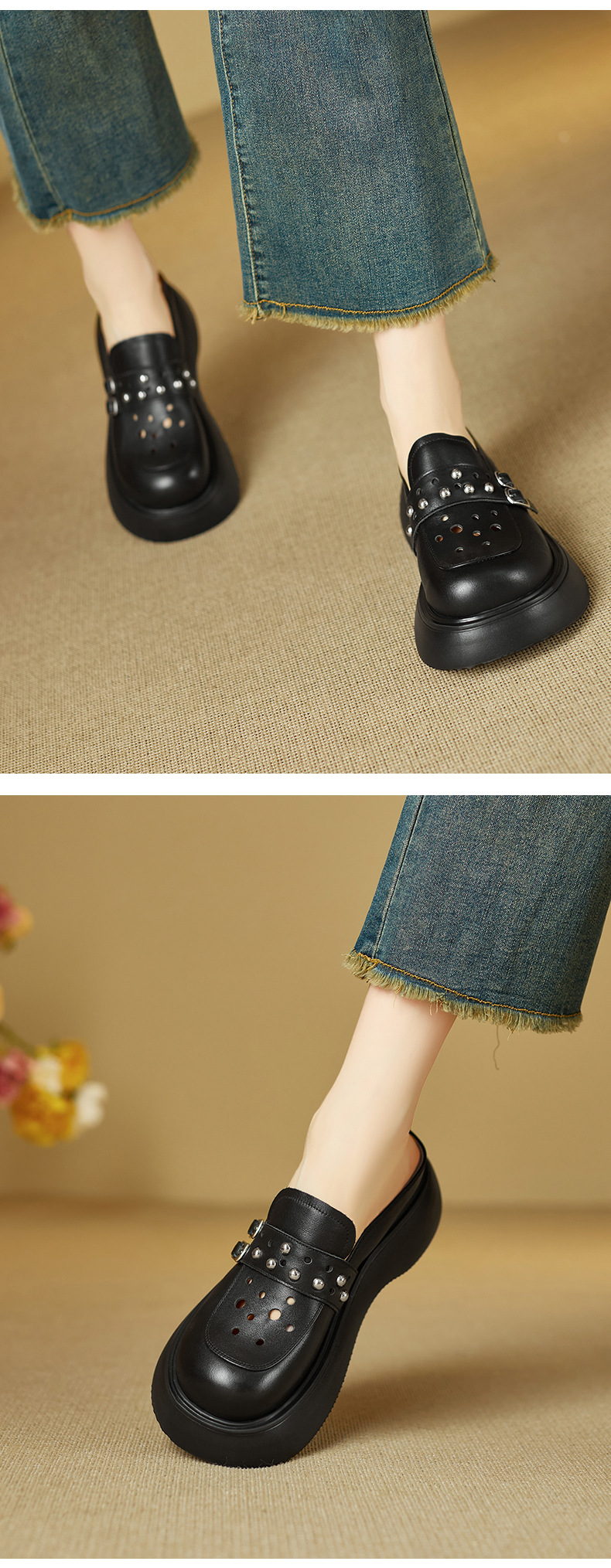 Dép sandal nữ đế dày quai chữ V mũi bao bít — đen chi tiết 4