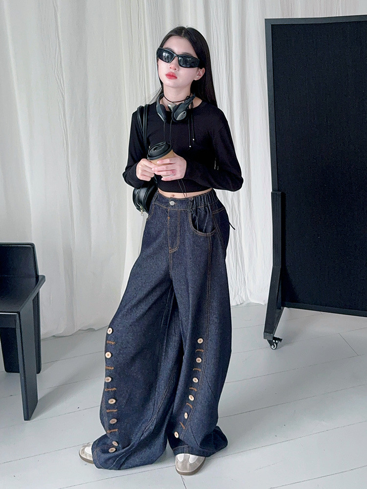 Men's Clothing Buttoned Scimitar Jeans Vintage Button-Fly Curved Hem Jeans For Kids - Soft Denim Stretch Comfort Fit (120-170cm, Unisex)_mkmklike.com