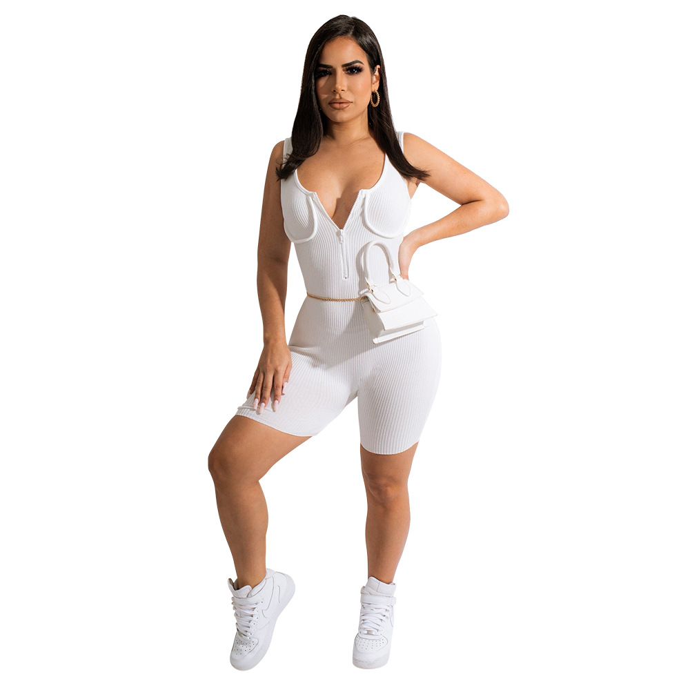 V-neck zipper style backless tight solid color jumpsuit NSCYF122395