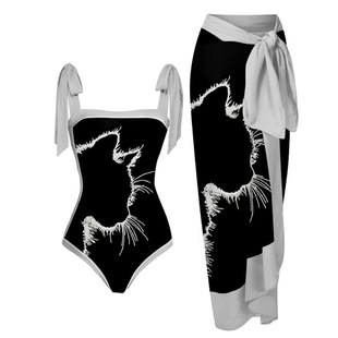 Trendy Black Cat Print Swimsuit with Skirt, Suspender Straps, One-Shoulder Swimsuit, Women's Beach Anti-Exposure Skirt