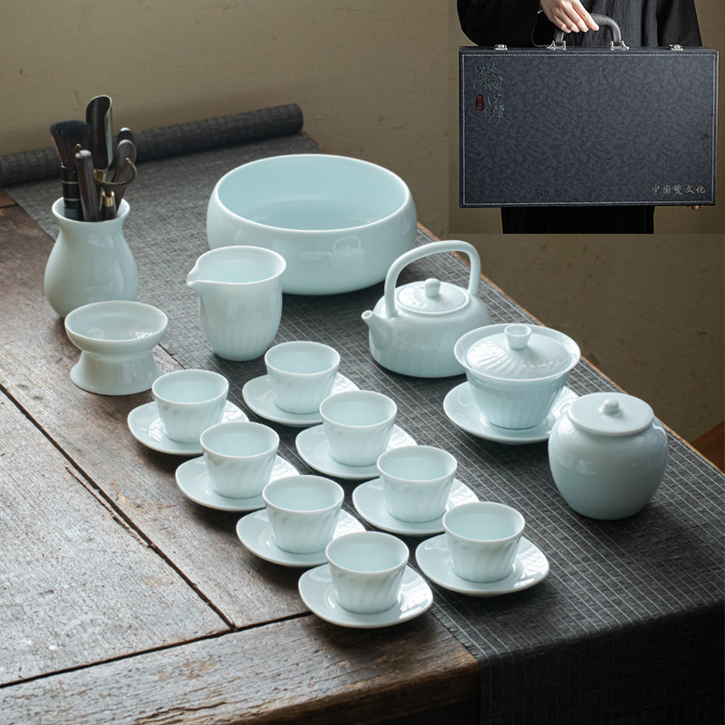 ギフト工夫茶器セット卸売り家庭用ロゴ蓋碗提梁壺開業徳化陶磁器茶器セット|undefined