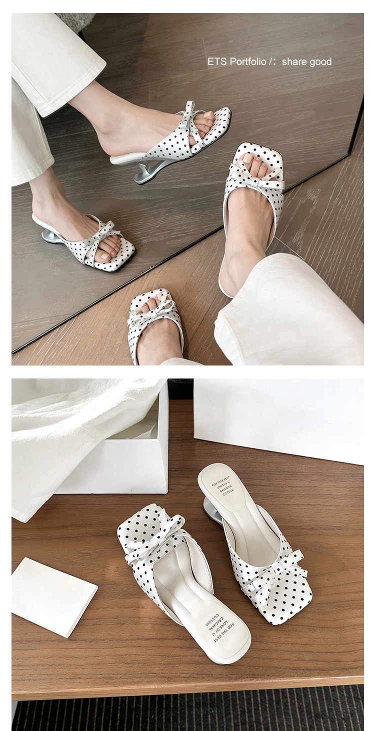 Sandal cao gót nữ mũi vuông hở ngón, đế xuồng chấm bi nơ bướm, gót 6 cm — màu đen, màu trắng ngà, màu mơ chi tiết 28
