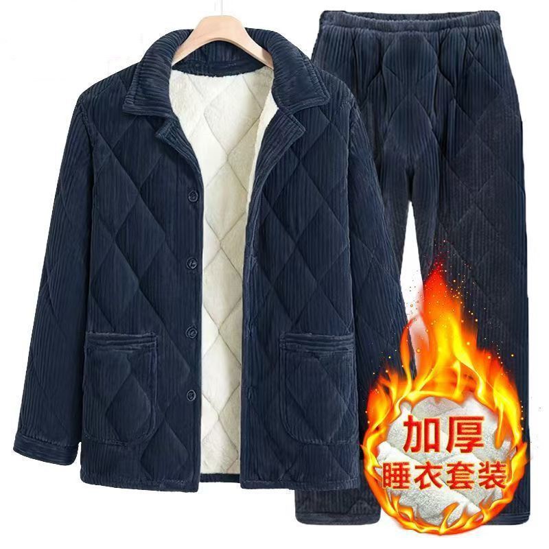 Winter Men's Three-Layer Quilted Dad Pajamas Fleece-Lined Thickeneded Suit Northeastern Large Cotton Jacket Flannel Warm Home Clothes