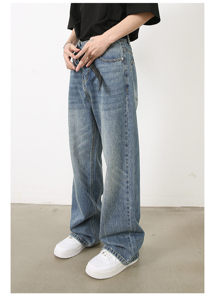 Quần jeans nam ống đứng dáng suông rộng, denim xử lý giặt retro phong cách Mỹ, quần dài mặc hằng ngày — Màu xanh lam chi tiết 14
