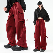 安可拉红系带阔腿裤子女秋冬2025新款美式运动女裤高腰防风工装裤