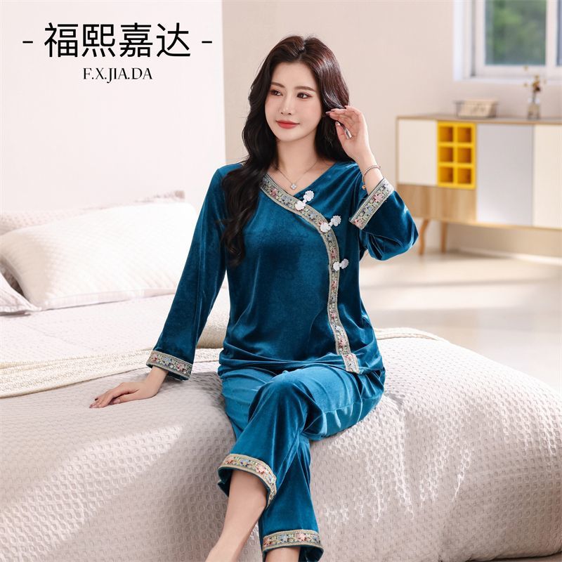 New Chinese Style National Style Empress Dress Golden Velvet Home Clothes Pajamas Women's plus size Loose Outer Wear Home Two-piece Set