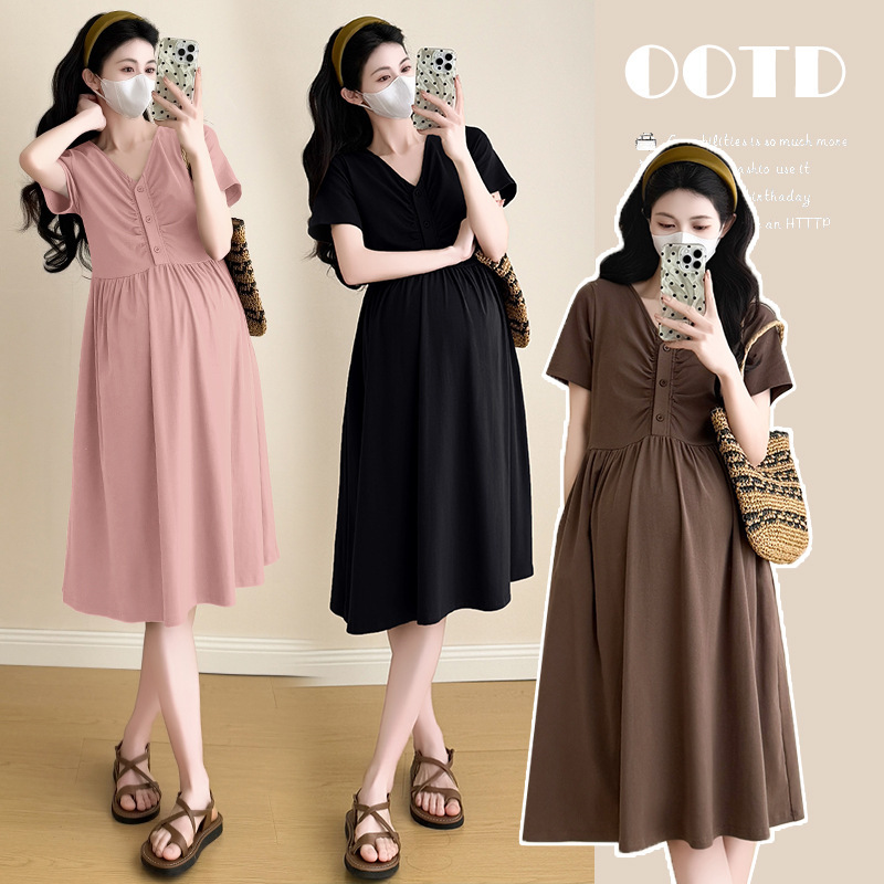 Real Shot of Ready-Made 2025 Summer New Fashion Pleated Collar Dress Korean Style Loose Maternity Dress That Can Be Breast-Fed