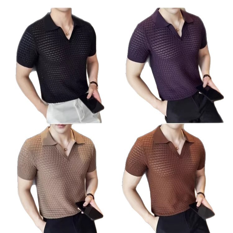 2025 camiseta cocida ligera de punto hueco transfronterizo, camiseta de manga corta delgada de verano con cuello redondo, camiseta de moda