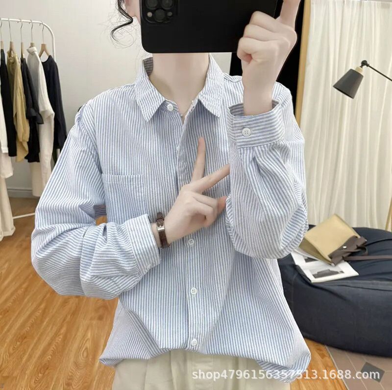 Spring and Autumn Striped Long-Sleeve Women's Cotton Shirt, New Vintage Versatile Top Design 2026, Slimming Loose High-End Shirt