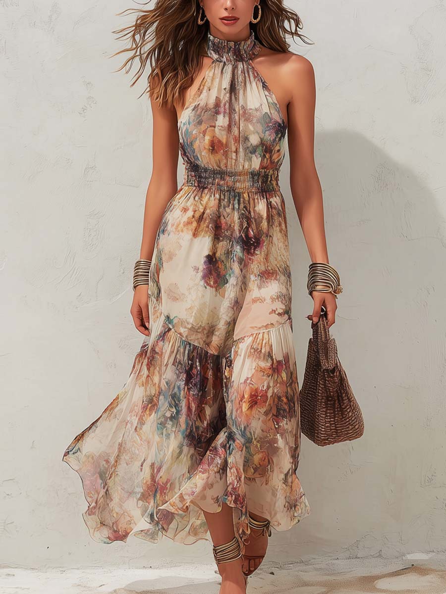 Cross-Border Independent Website 2026 New Style Printed Halter Neck Dress for Women Summer Beach Vacation Cake-Style Waist-Cinching Long Dress