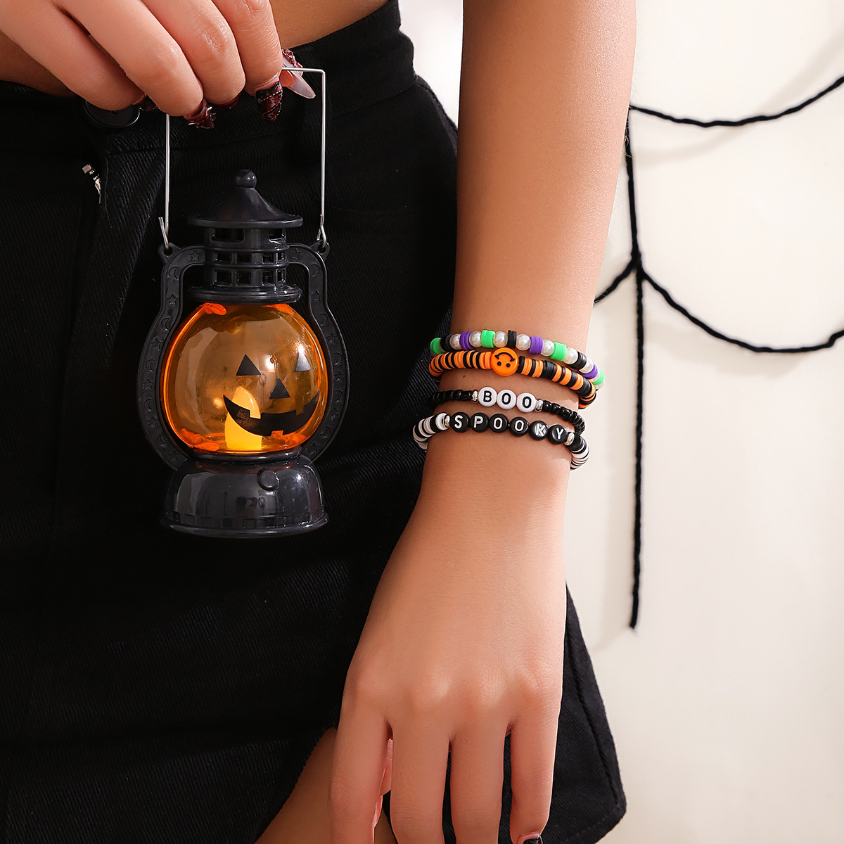 Bracelet de citrouille en perles d'Halloween, ensemble de bijoux de vacances en poterie souple, bracelet en dopamine élastique_voghion.com