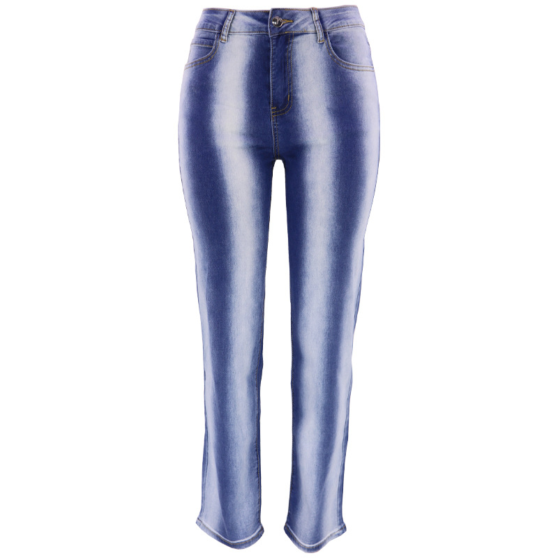 Vaqueros de pierna recta con bloques de color degradados y rayas verticales estilo europeo y americano para mujer, pantalones de mezclilla lavados a rayas de cintura alta que estilizan, exportación.