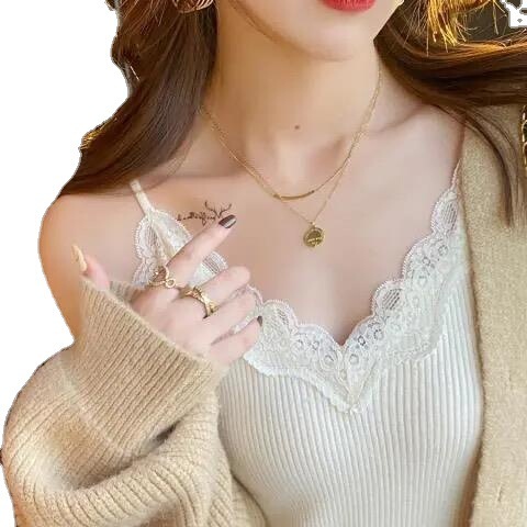 Lace suspender with knitted vest for women  new spring and autumn bottoming v-neck sexy sweet and spicy white top for women