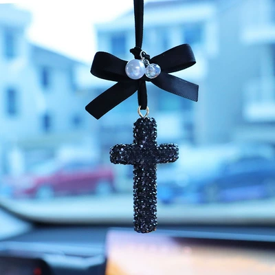 Car hanging for men and women, rearview - black-bow-slim-cross-pendant