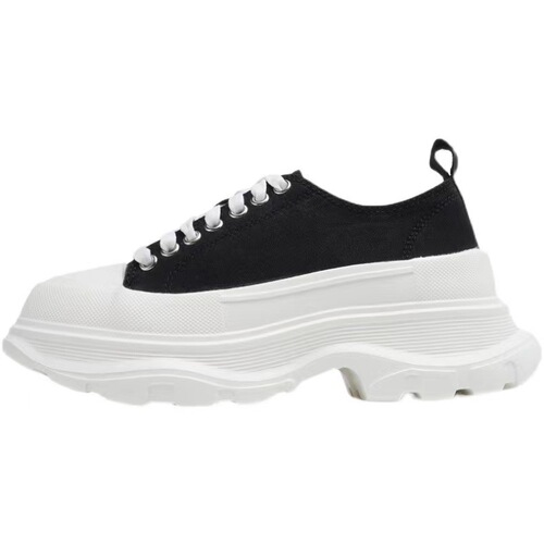 High-Grade McQueen Black and White Canvas Shoes for Women  Genuine Leather Versatile White Shoes for Women Casual Thick Heel Height Increase Couple Shoes