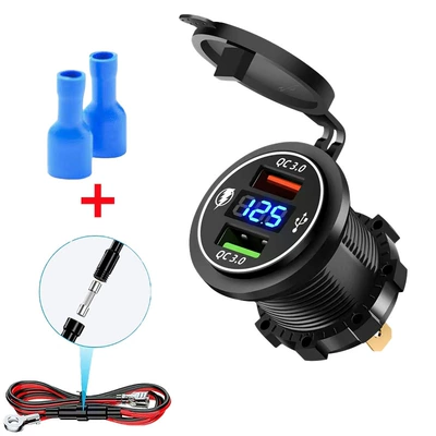 Car and Motorcycle USB Charging Port 12V Cigarette Lighter Modification Car Fast Charger Electric Vehicle Mobile Phone Charger (Mobil şarj cihazları) - dual-qc30-fast-charging-digital-display-60cm-power-cord-blue-set
