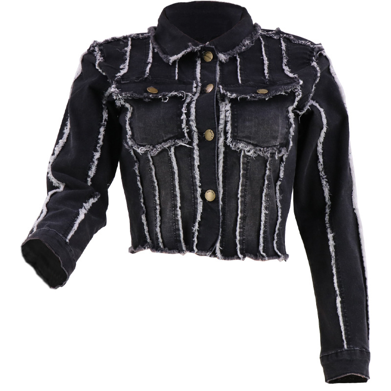 Slim Irregular Frayed Long Sleeve Denim Jacket NSYB111034