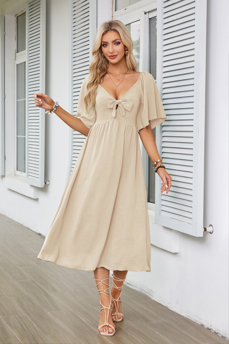 Women's Swing Dress Simple Style V Neck Bowknot Short Sleeve Solid Color Midi Dress Daily display picture 6