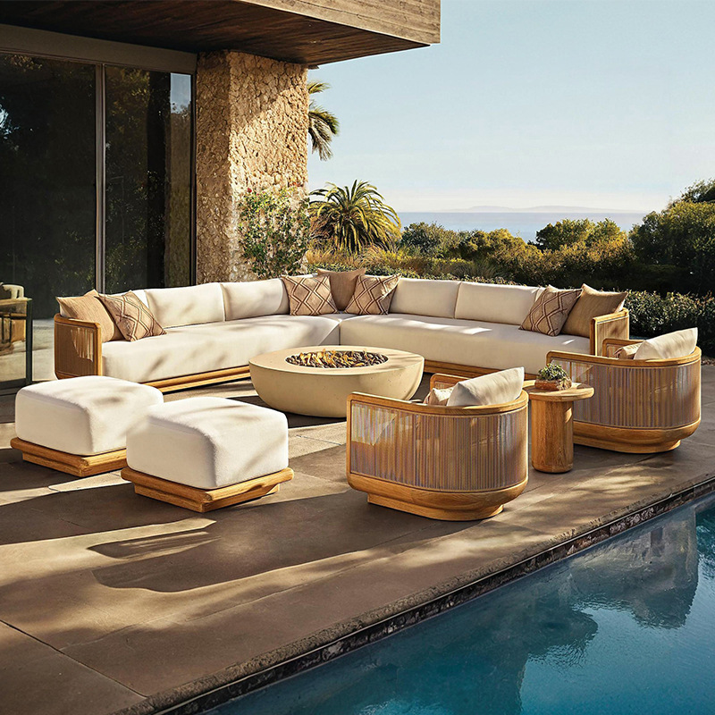 Sofá de teca al aire libre patio jardín piso aéreo vivienda impermeable anticorrosión diseñador de muebles de tela de caña al aire libre