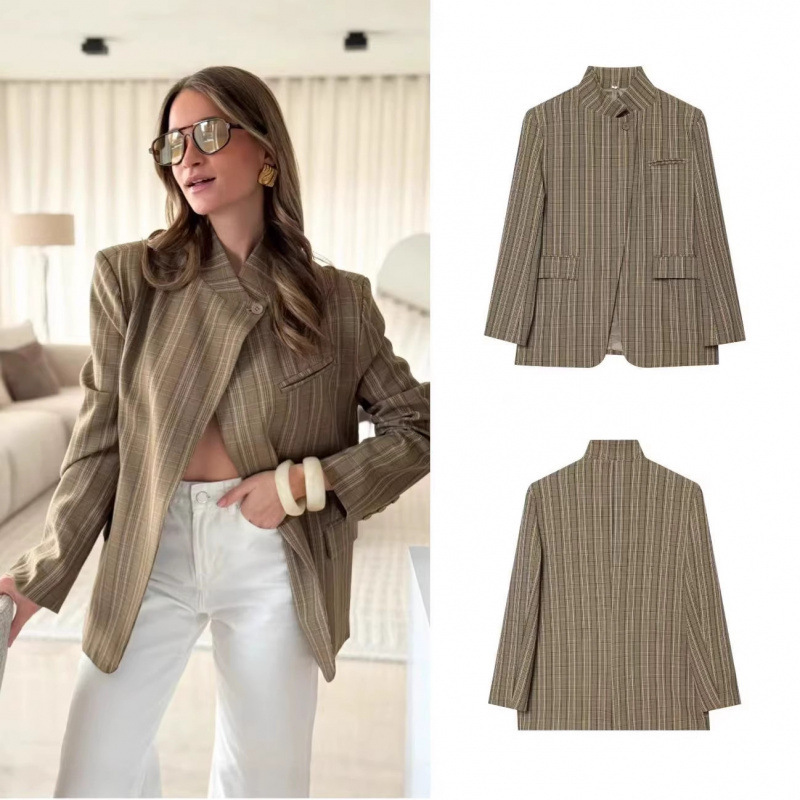 New women's French-style business jacket with stand-up collar, long sleeves, flap pockets, single-button plaid blazer New women's French-style business jacket with stand-up collar, long sleeves, flap pockets, single-button plaid blazer