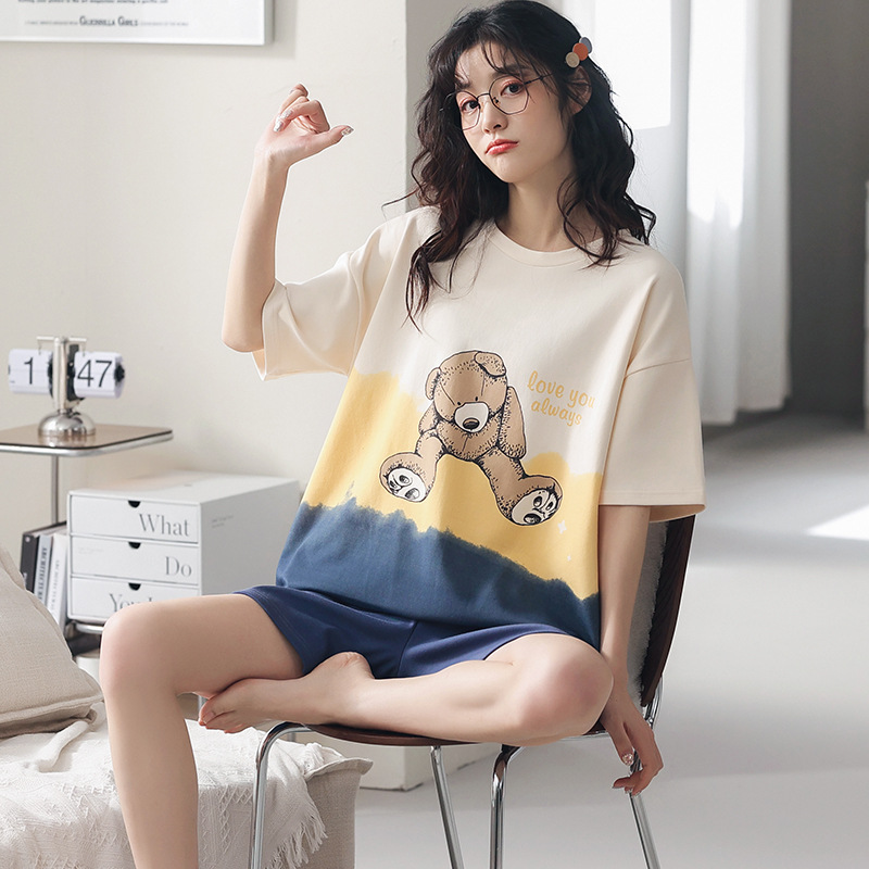 Pareja de pijamas de verano de algodón de manga corta de Internet celebridad oso lindo de dibujos animados nuevo camisón ropa de casa de las mujeres traje de verano