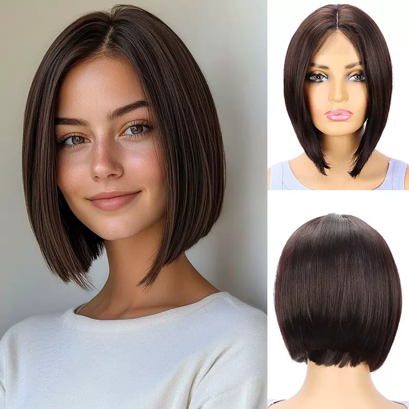 亚马逊跨境欧美波波头假发 小蕾丝中分短直发厂家现货批发直销wig